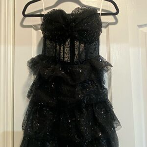 Illustrious Glow Black Sheer Tulle Sequin Tiered Mini Dress